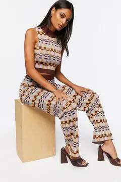 Forever 21 Forever 21 Checkered Crop Top &amp; Pants Set Brown/Multi. 2