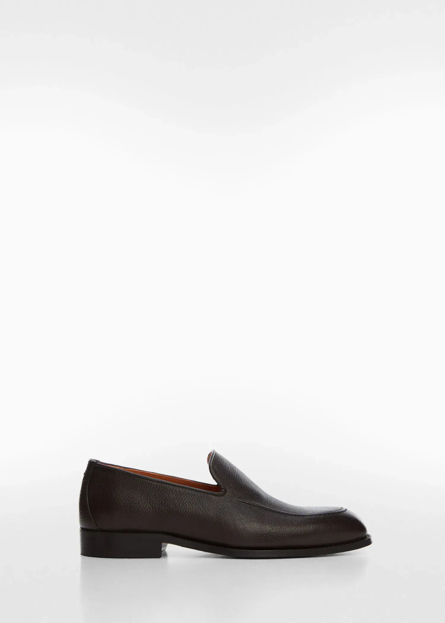 Mango Minimalist leather moccasins. a brown loafer is shown against a white background. 