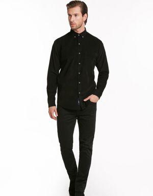 Siyah Comfort Fit Uzun Kol %100Pamuk Düz Klasik Gömlek