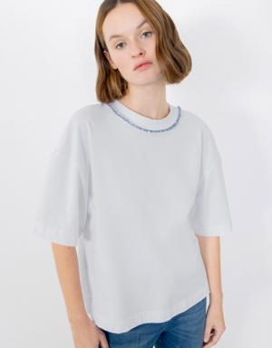 White Tshirt with Embroidered Collar with Shirring Detail