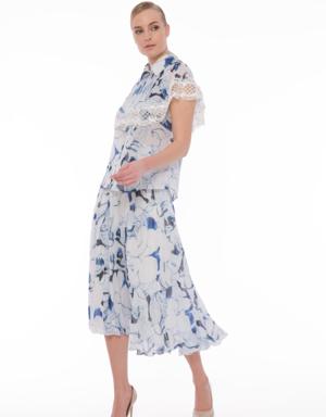 Floral Pattern Pleated Chiffon Blue Skirt