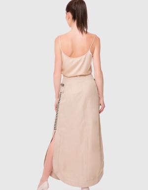 Beige Skirt With Ribbon And Bead Detail Ankle Length Side Slits