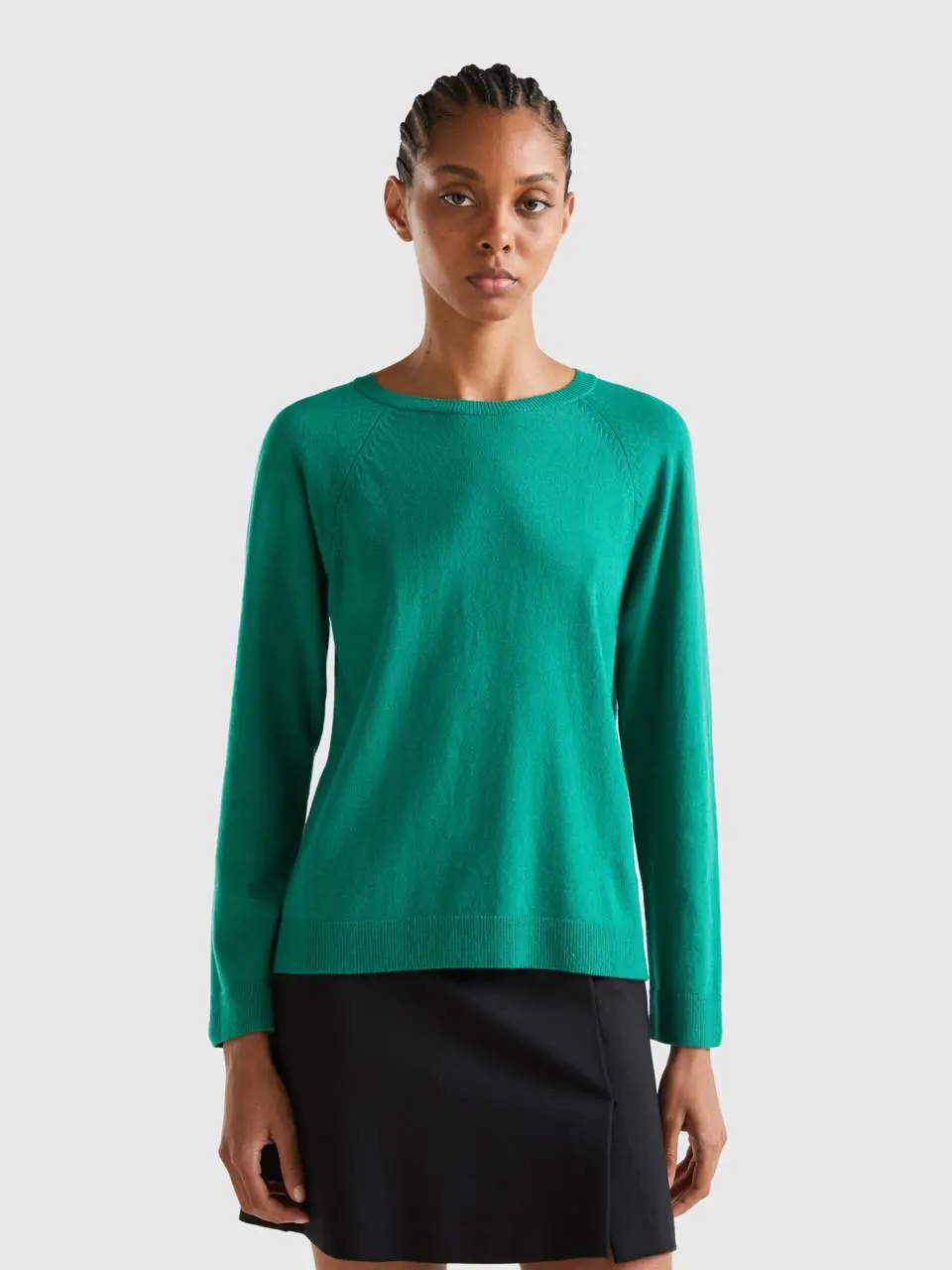 Benetton forest green crew neck sweater in cashmere and wool blend. 1
