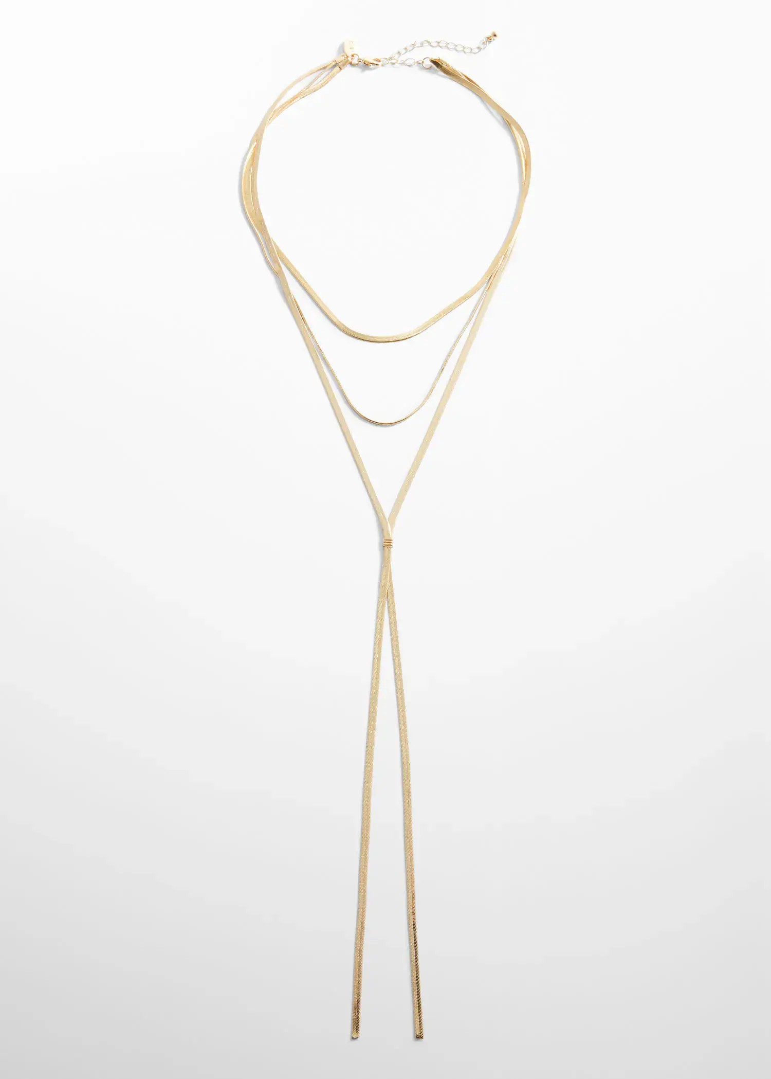 Mango Long triple necklace. a long gold necklace with a long chain. 