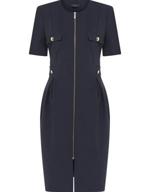 Short Sleeve Zippered Navy Midi Sheath Dress