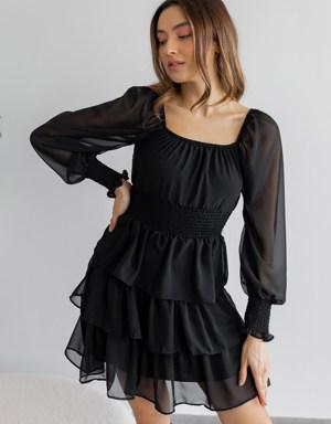 Gipeli Etek Kat Mini Elbise - SİYAH