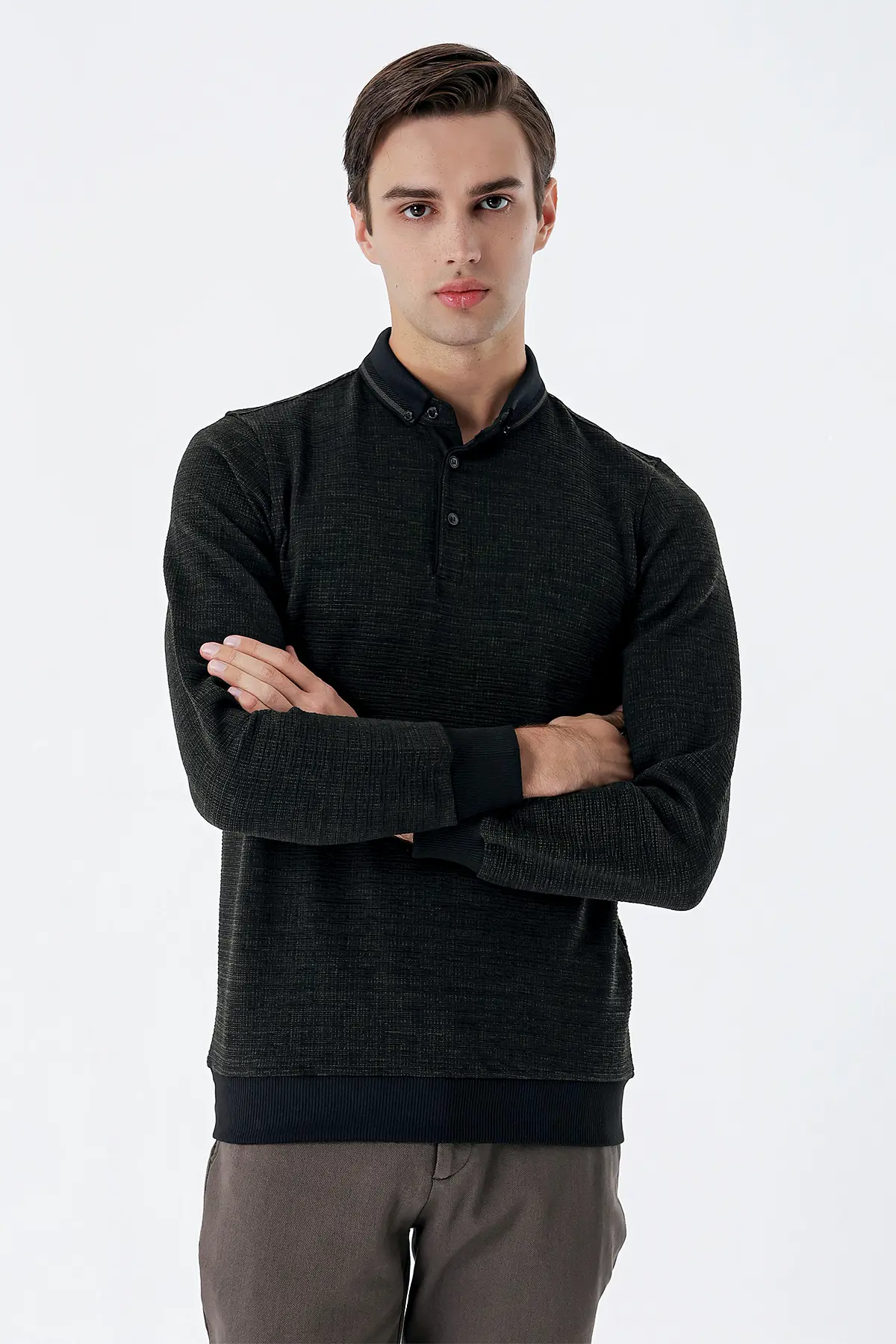 İmza Koyu Haki Uzun Kollu Desenli Örme Polo Yaka Likralı Casual Comfort Fit Sweatshirt 1013235106. 1