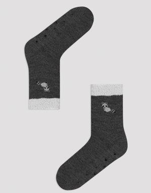 Gri Kedi Desenli Soket Çorap