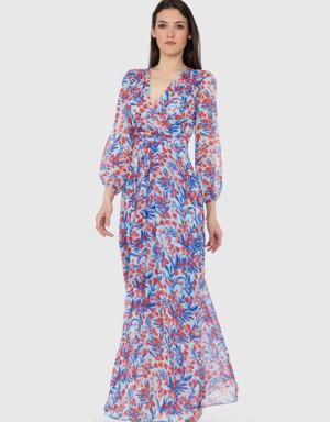 Three Quarter Sleeve Floral Patterned Long Dress