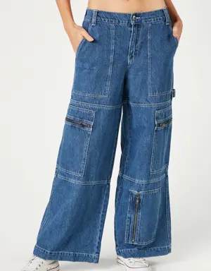 Forever 21 Cargo Wide Leg Jeans Dark Denim