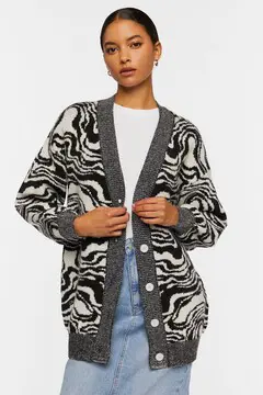 Forever 21 Forever 21 Oversized Abstract Cardigan Sweater Black/Cream. 2