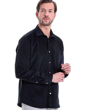 Lacivert Comfort Fit Düz %100 Pamuk Slim Yaka Kadife Uzun Kollu Gömlek Ceket