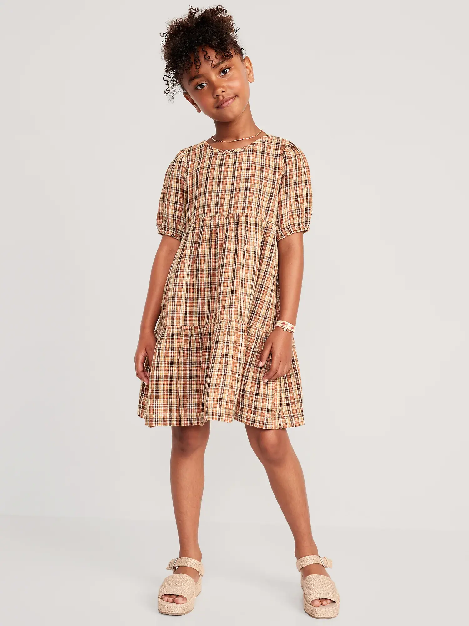 Old Navy Puff-Sleeve Double-Weave Plaid Swing Dress for Girls brown. 1