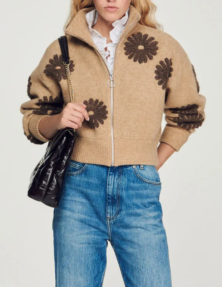 Sandro Floral trucker-style sweater. 1