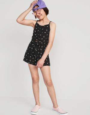 Printed Tie-Front Keyhole Cami Romper for Girls black