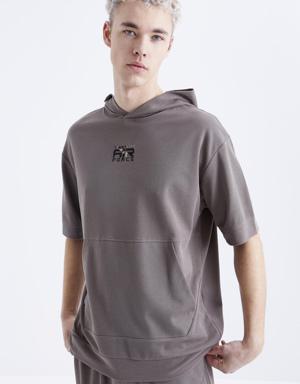 Camel Nakışlı Kapüşonlu Kanguru Cep Oversize Erkek Şort Takım - 85166