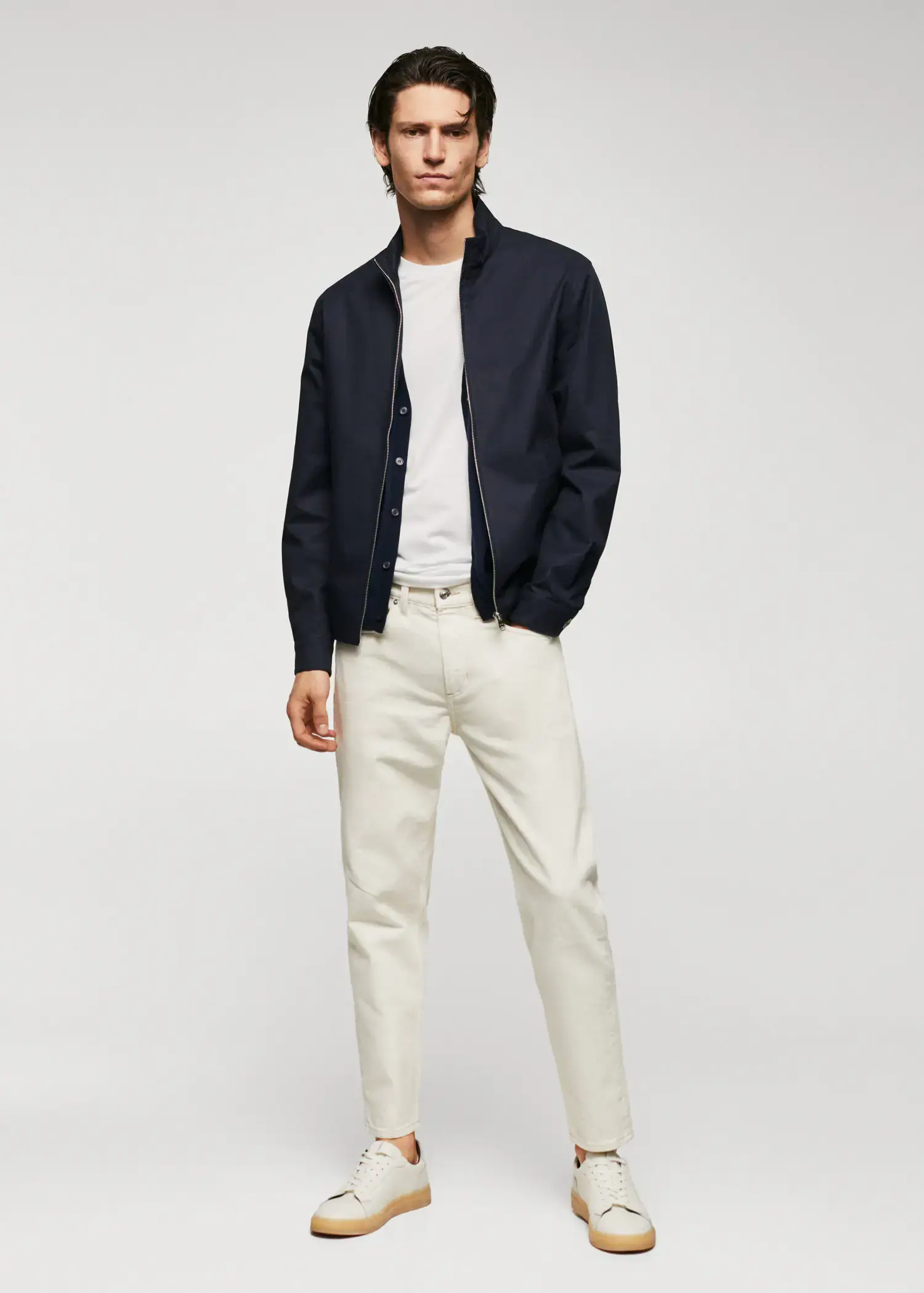 Mango 100% cotton bomber jacket. a man in a white shirt and a jacket. 