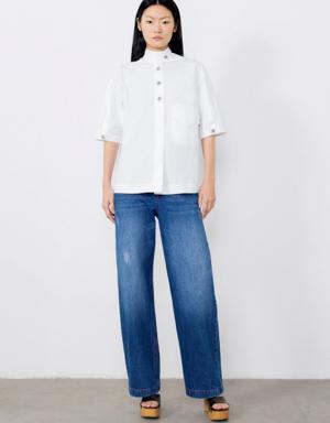 White Shirt With Button Collar Detail