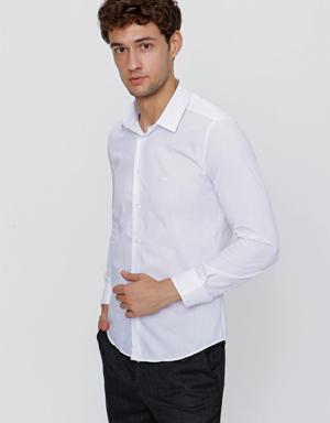 Beyaz Uzun Kol Sert Yaka Slim Fit Dar Kesim Basic Gömlek 1004220057