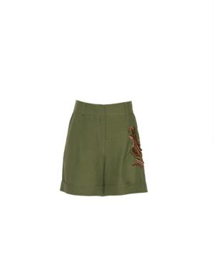 Embroidery Detailed Linen Bermuda Green Shorts