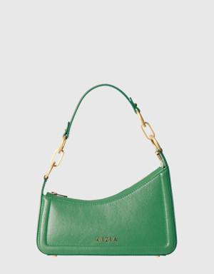 Asymmetrical Green Baguette Bag With Logo