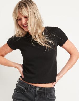 Short-Sleeve Cropped Lettuce-Edge Waffle-Knit T-Shirt for Women black