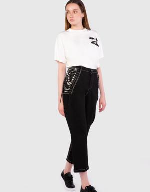 Embroidery Lace Detailed High Waist Black Jean at Waist
