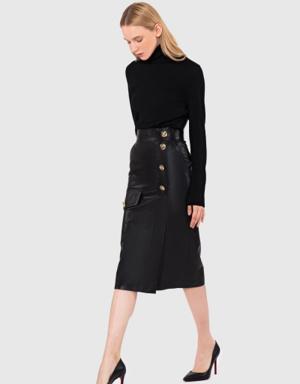 Leather Knee Length High Waist Button Detailed Black Skirt