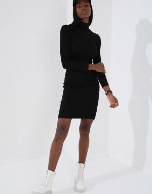 Siyah Kaşkorse Triko Dar Kalıp Balıkçı Yaka Kadın Elbise - 97117