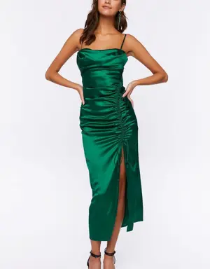 Forever 21 Satin Ruched Midi Dress Hunter Green