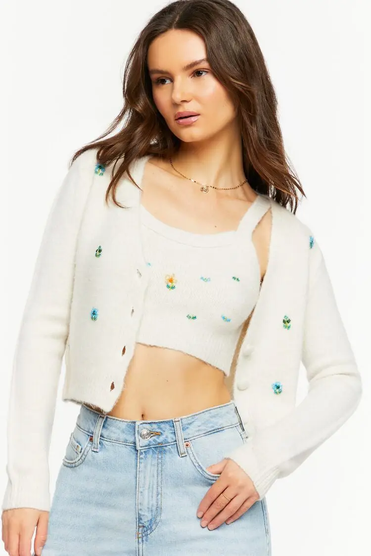Forever 21 Forever 21 Floral Beaded Cardigan Sweater Ivory. 1