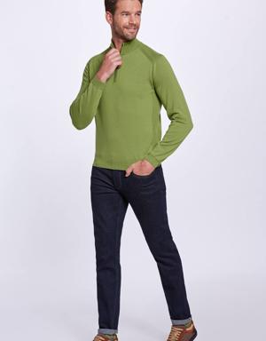 Fermuarlı Merino Yün Yeşil Activewear Triko