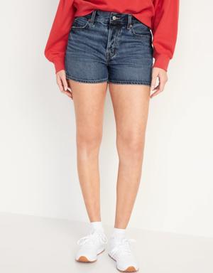 High-Waisted Button-Fly Slouchy Straight Non-Stretch Jean Shorts for Women -- 3-inch inseam blue