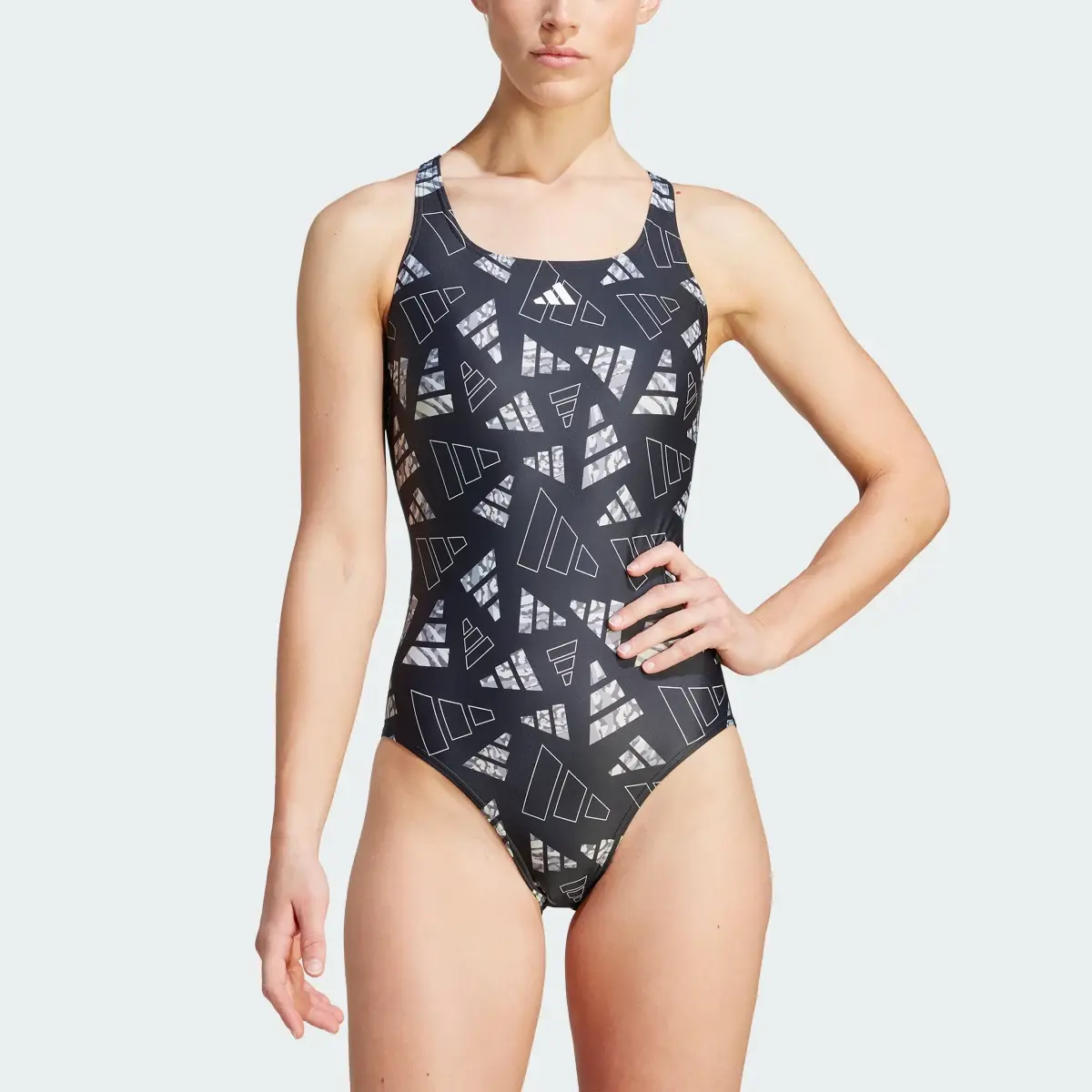 Adidas 3 Bar Logo Graphic Swimsuit. 1