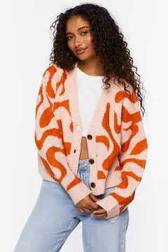Forever 21 Forever 21 Abstract Print Cardigan Sweater Pink/Orange. 2