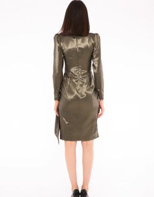 V-Neck Flounce Gold Dress with Frosted Sleeves