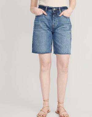 High-Waisted Slouchy Button-Fly Cut-Off Jean Shorts for Women -- 9-inch inseam blue