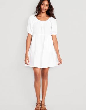 Puff-Sleeve Tiered Mini Swing Dress for Women white