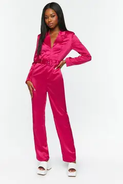 Forever 21 Forever 21 Satin Belted Long Sleeve Jumpsuit Hot Pink