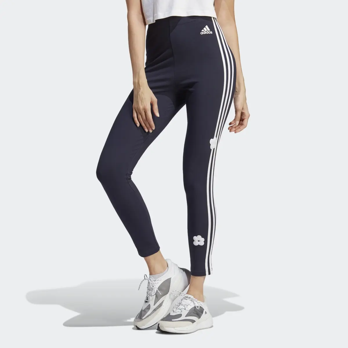 Adidas 3-Stripes High-Rise Cotton Leggings With Chenille Flower Patches. 1