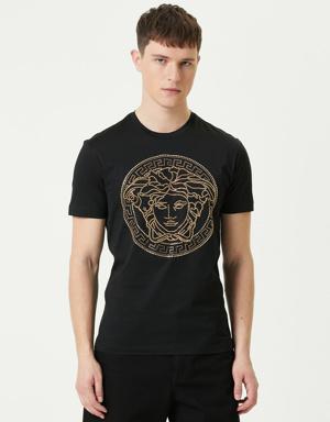 Siyah Taşlı Medusa İşlemeli T-shirt