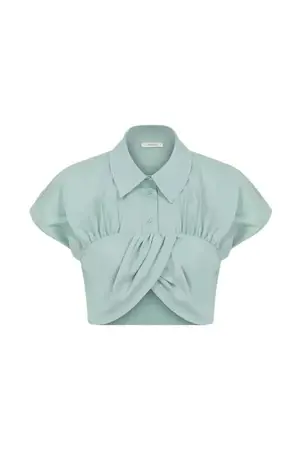 Roman Mint Collared Pleated Cropped Blouse. 1