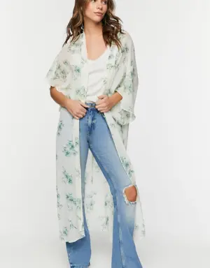 Forever 21 Floral Print Butterfly Sleeve Kimono Ivory/Sage