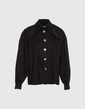 Collar and Button Detailed Sleeves Pleated Design Poplin Black Shirt