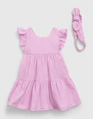 Baby Crinkle Gauze Tiered Dress Set pink
