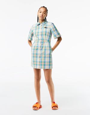 Kadın Slim Fit Kısa Kollu Gömlek Yaka Ekose Renkli Elbise
