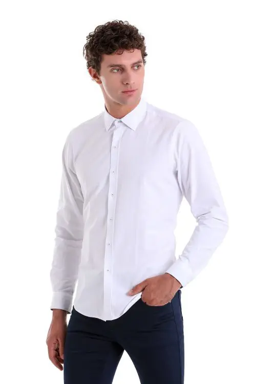 Hatemoğlu Beyaz Comfort Fit Desenli Pamuklu Slim Yaka Uzun Kollu Klasik Gömlek. 1