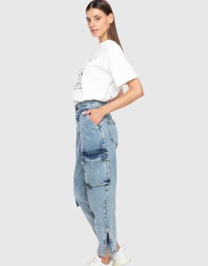 Slogan Printed Embroidered Detailed Oversized Ecru T-Shirt