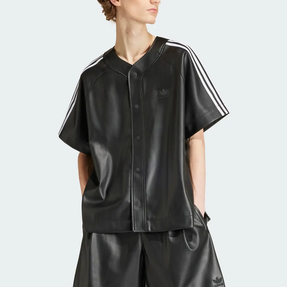 Adidas Faux Leather Adicolor 3-Stripes Baseball Shirt. 1