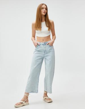 Crop Bol Paça Kot Pantolon Taş İşlemeli - Bianca Crop Jean